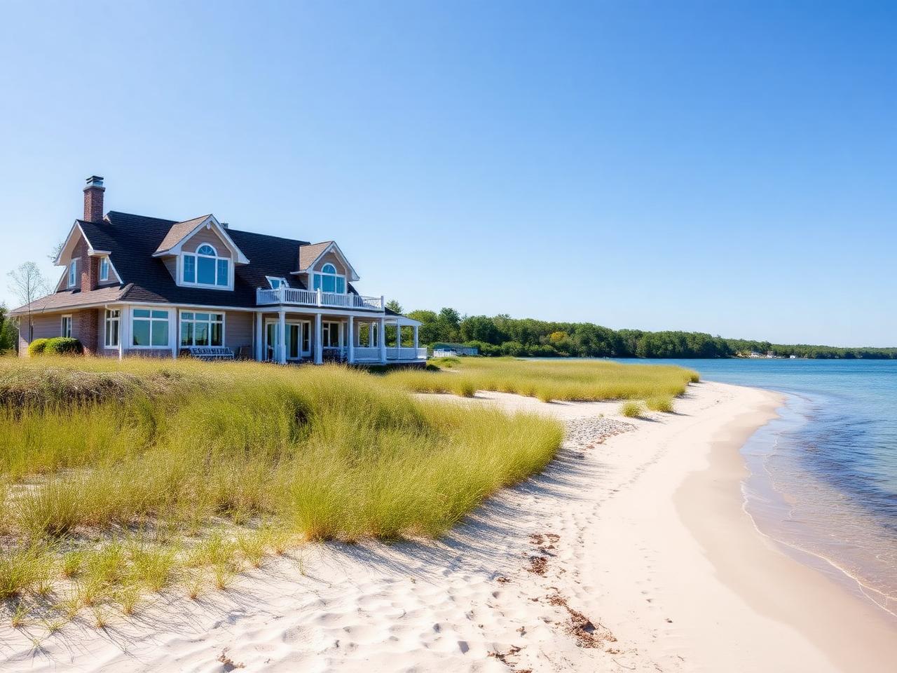 Beautiful Lake Michigan lakefront home with manicured beach