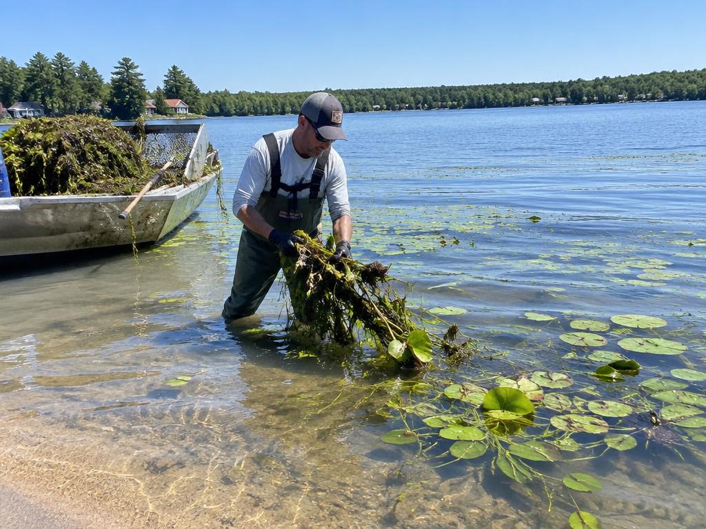 Removing lake weeds and lily pads from the shallow water of an inland lake