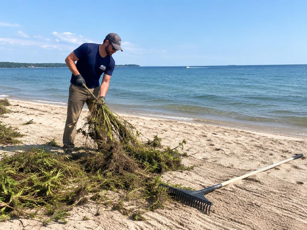 Pulling weeds and unwanted vegetation from a sandy beach shoreline