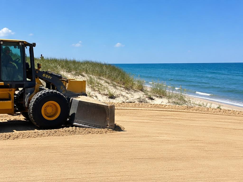 Fresh sand being spread and leveled on a Lake Michigan beach